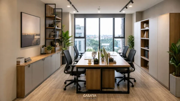 Thiết kế văn phòng 30m2 với bàn làm việc nhóm và tủ tài liệu gọn gàng