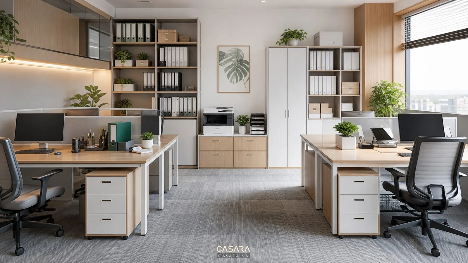 Tủ tài liệu và hộc di động trong văn phòng nhỏ 30m2