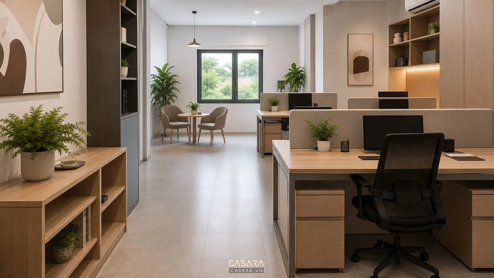 Thiết kế văn phòng xanh 30m2 với cây xanh và góc trao đổi nhỏ