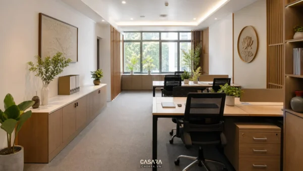 thiết kế văn phòng 35m2 nhỏ gọn với bàn làm việc và tủ lưu trữ