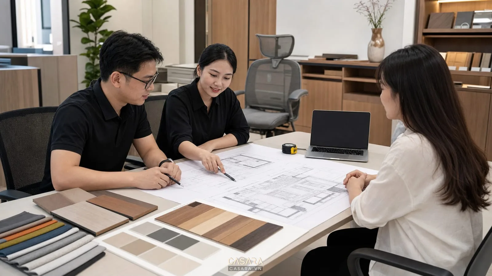 tư vấn thiết kế văn phòng 35m2 với bản vẽ và mẫu vật liệu