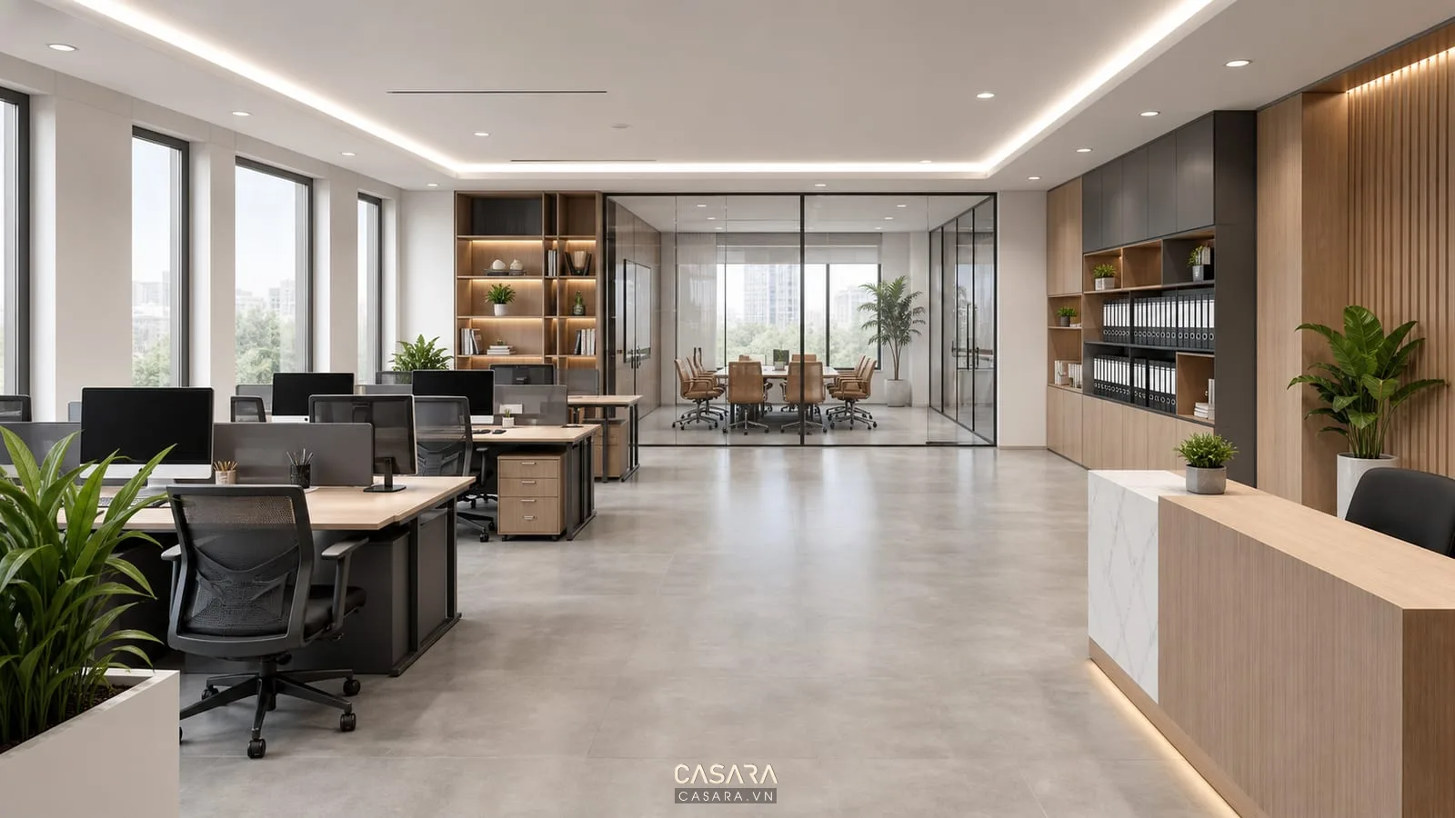 Thiết kế văn phòng 100m2 bằng phối cảnh 3d có phòng họp kính và tủ hồ sơ