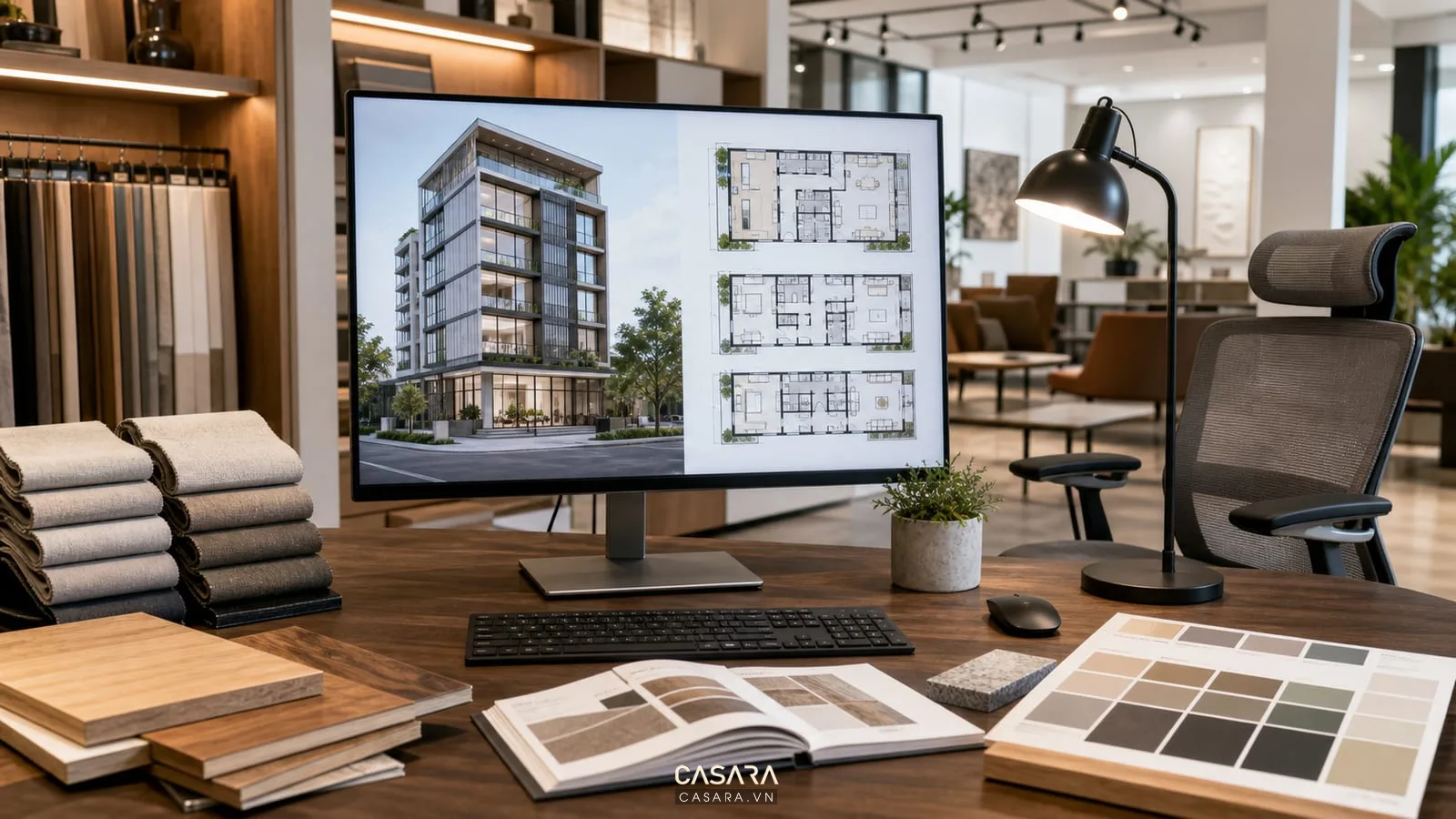 Phối cảnh 3D trong thiết kế văn phòng 4 tầng với mẫu vật liệu và mặt bằng