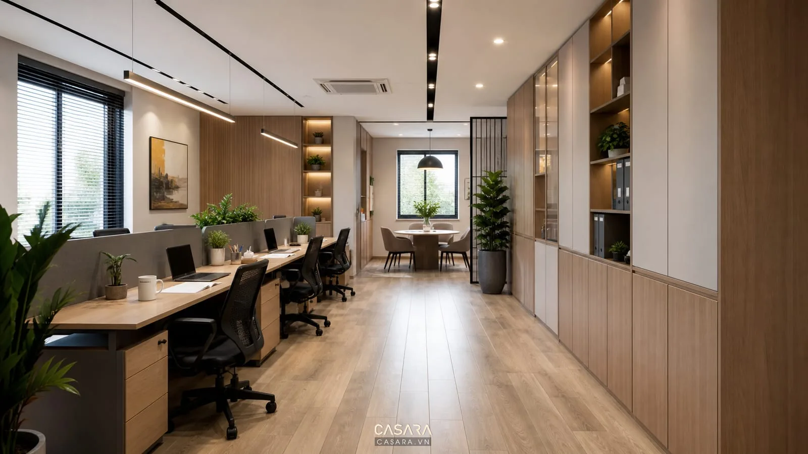 thiết kế văn phòng 40m2 với lối đi chính cụm bàn nhân viên góc họp nhỏ và tủ sát tường