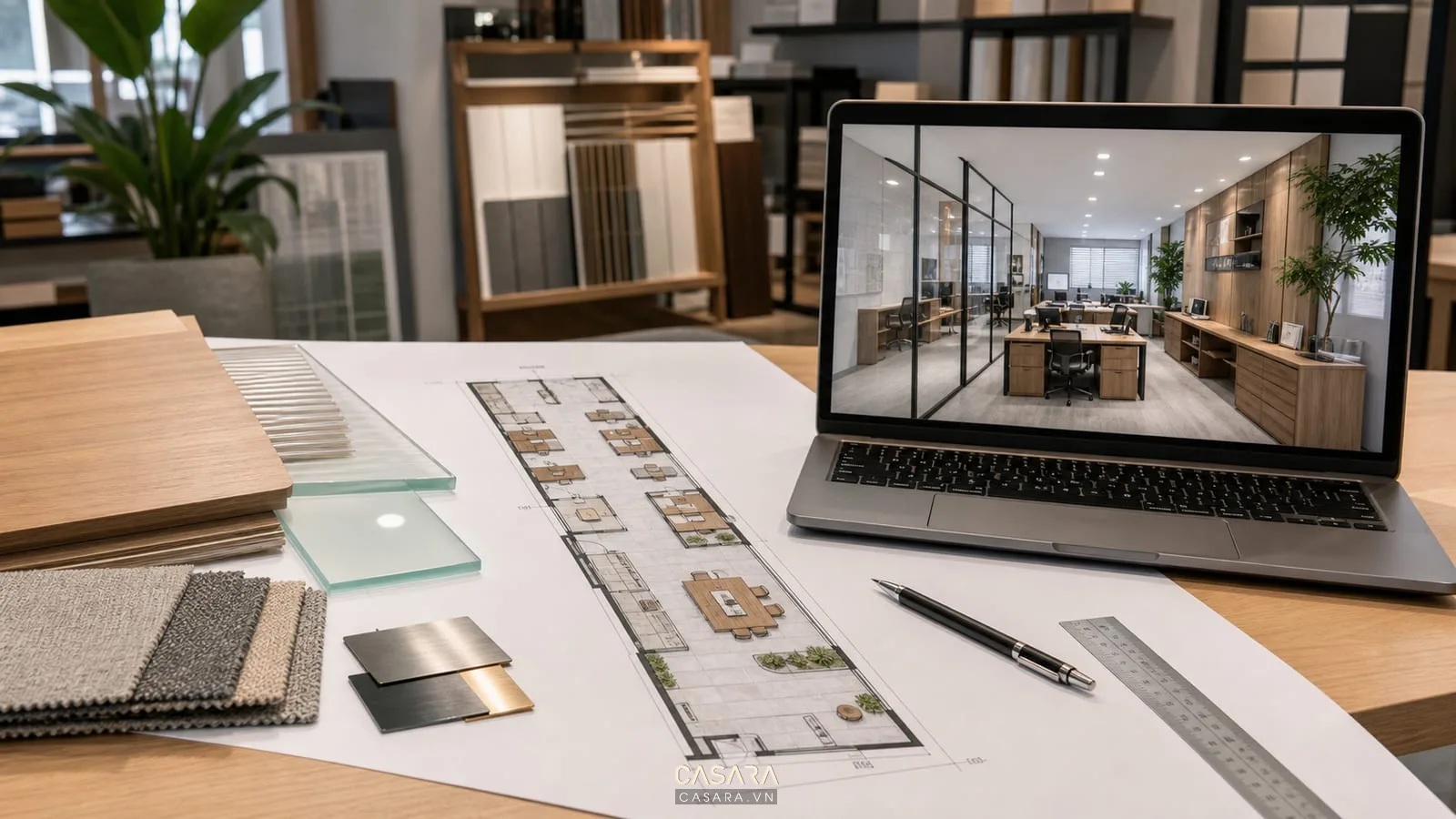 Vẽ thiết kế văn phòng 5x20 với mặt bằng dài hẹp và phối cảnh 3D