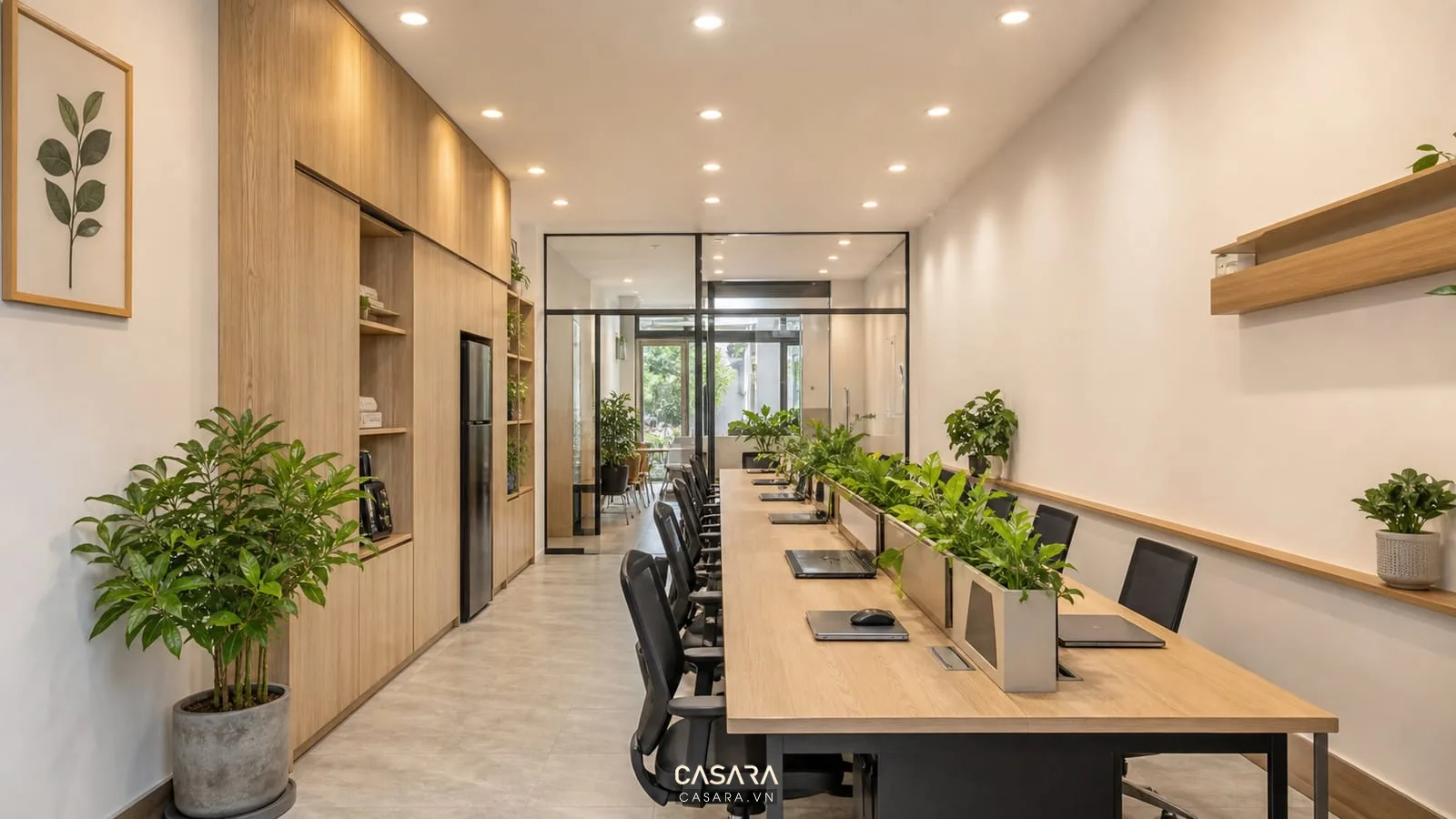 Không gian làm việc trong thiết kế văn phòng 5x20 với vật liệu gỗ sáng và vách kính