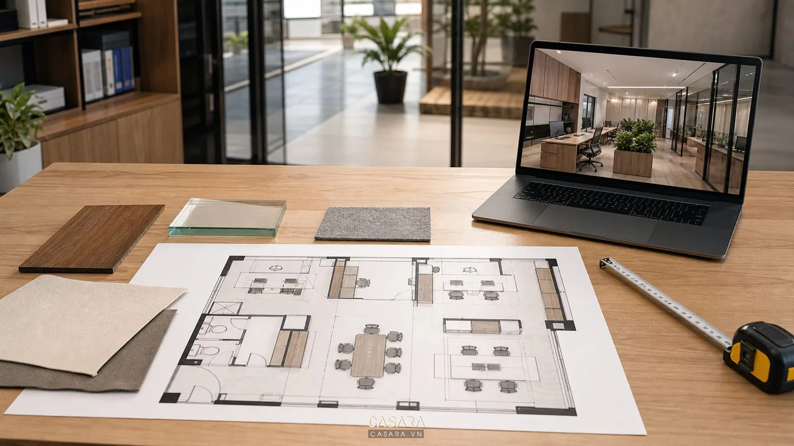 Bản vẽ layout thiết kế văn phòng 60m2 với mẫu vật liệu và phối cảnh 3D
