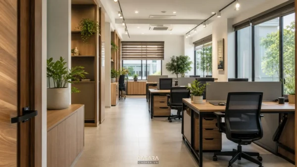 Thiết kế văn phòng 75m2 với khu làm việc mở và lối đi thoáng