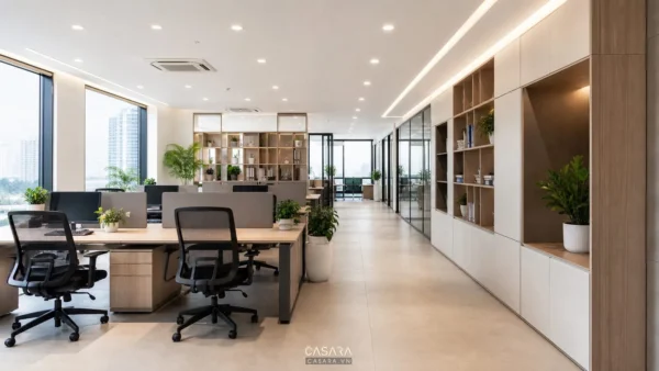 Thiết kế văn phòng 80m2 hiện đại với bàn làm việc và lối đi thông thoáng