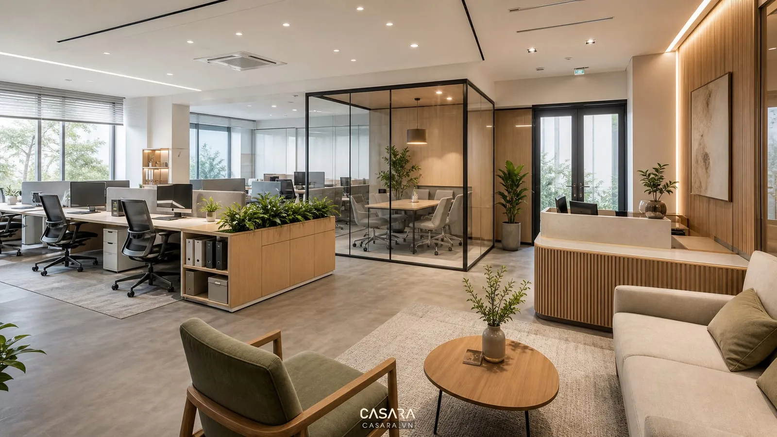 Mặt bằng văn phòng 80m2 có khu làm việc mở và phòng họp kính nhỏ