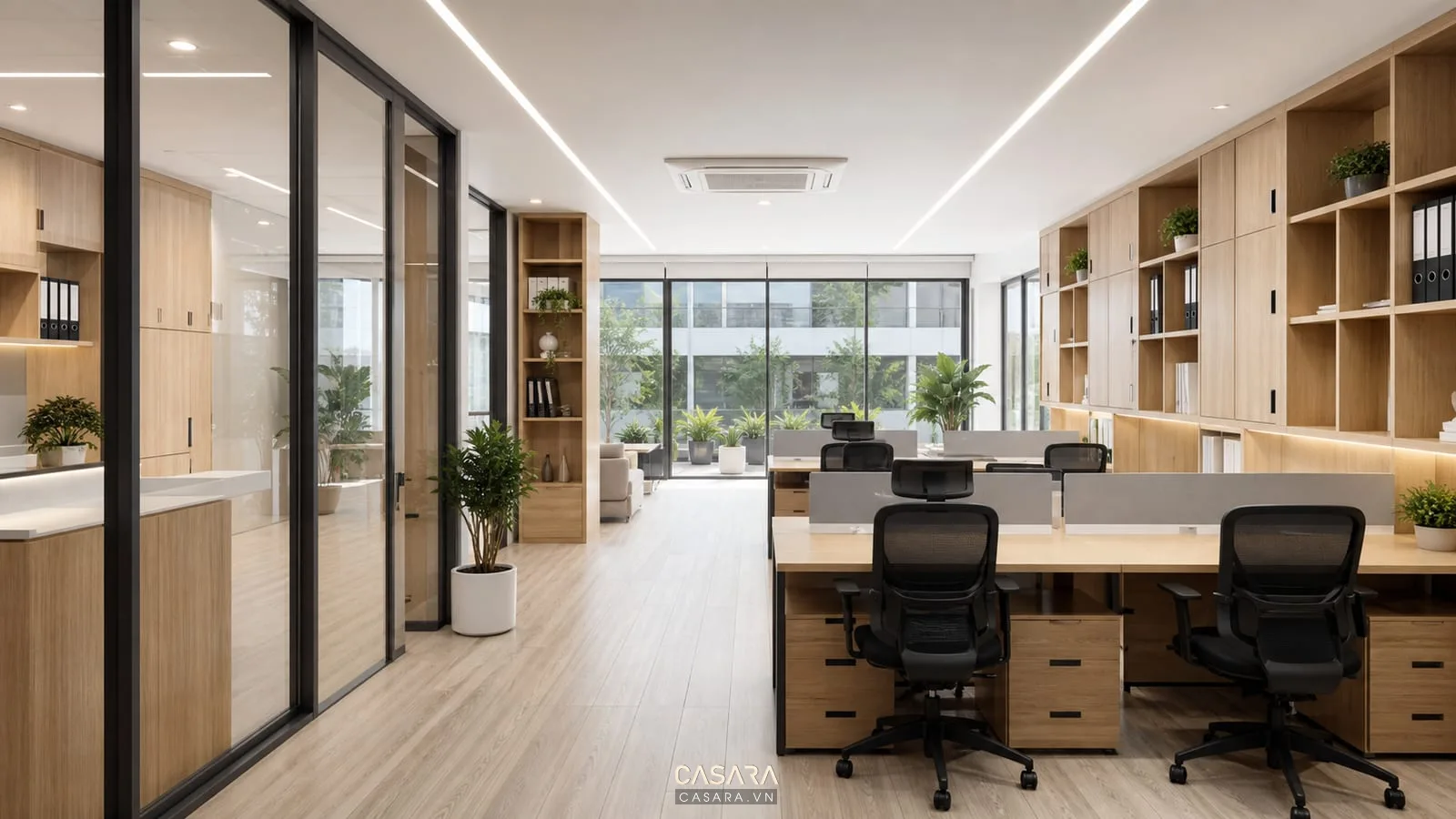 Văn phòng 80m2 dùng gỗ công nghiệp, vách kính và ánh sáng tuyến tính