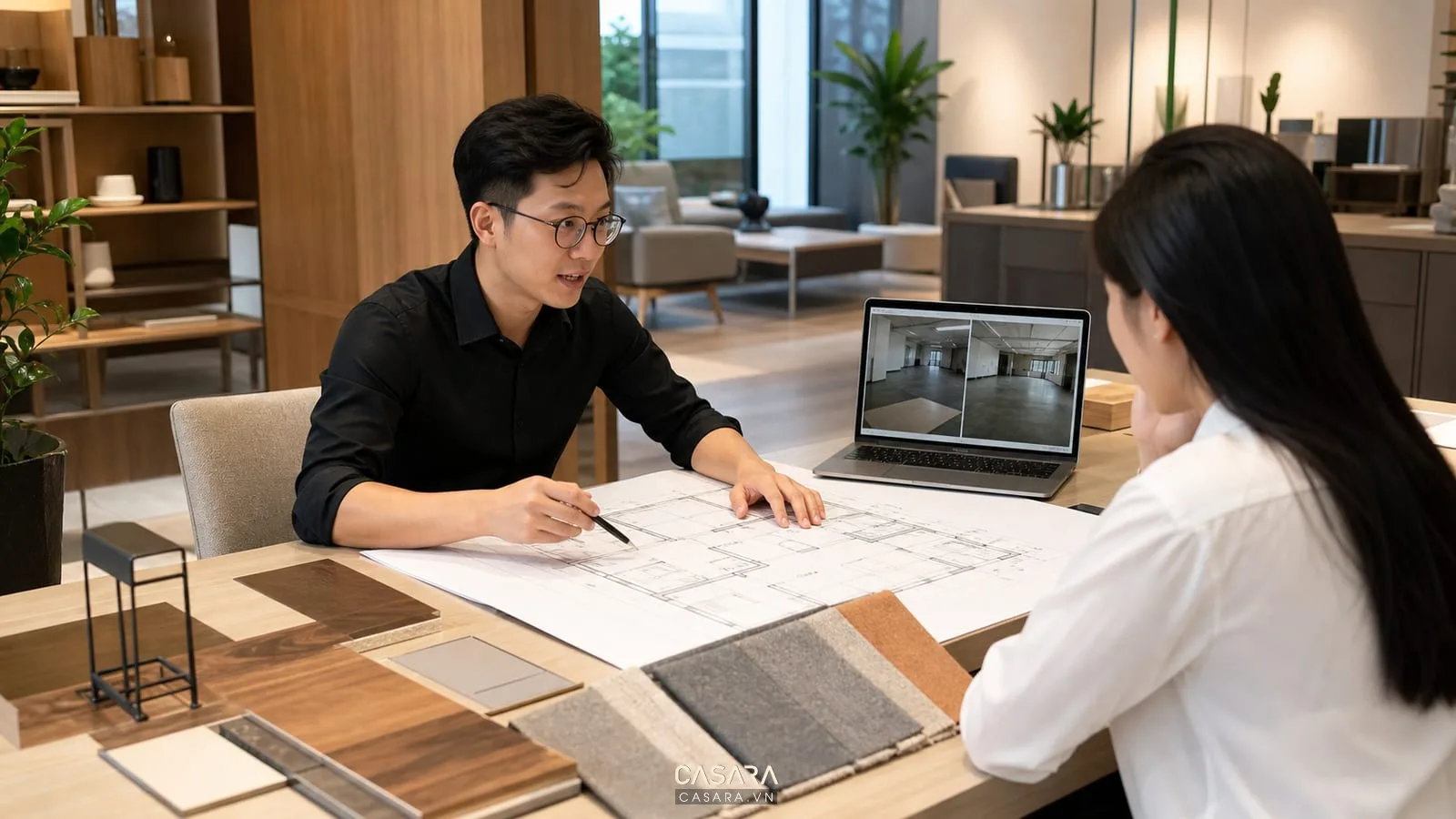 Tư vấn thiết kế văn phòng 80m2 với bản vẽ mặt bằng và mẫu vật liệu
