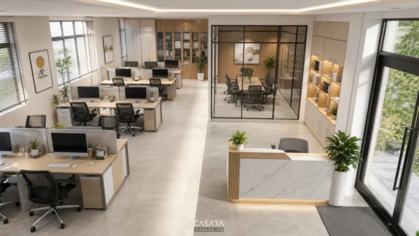 Thiết kế văn phòng 90m2 hiện đại với khu làm việc, phòng họp kính và lối đi trung tâm