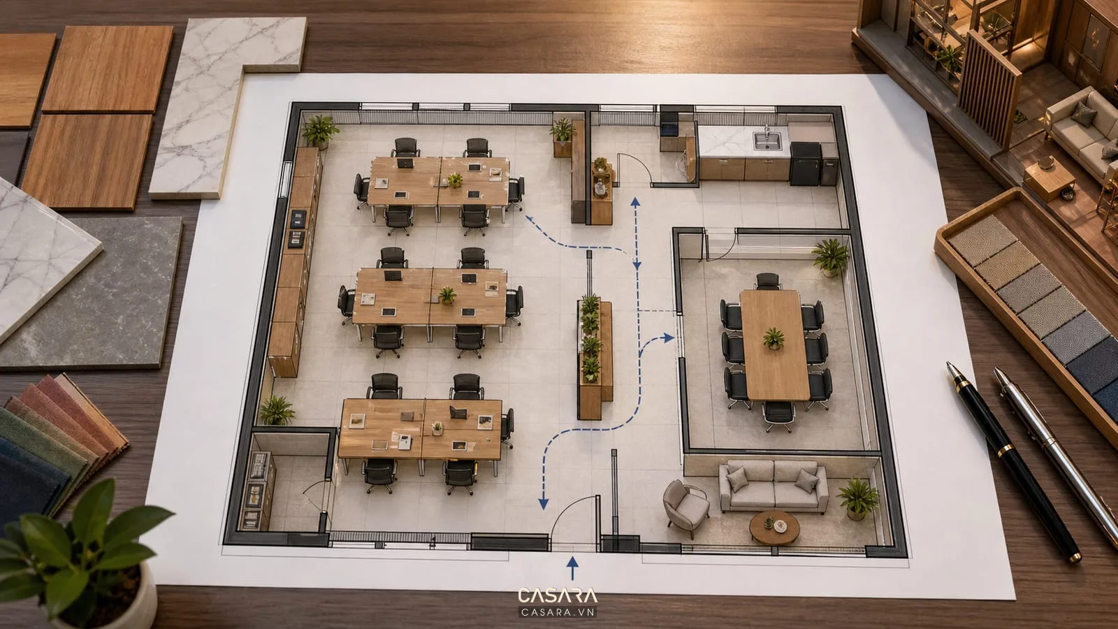 Layout thiết kế văn phòng 90m2 với cụm bàn, phòng họp, khu tiếp khách và pantry nhỏ