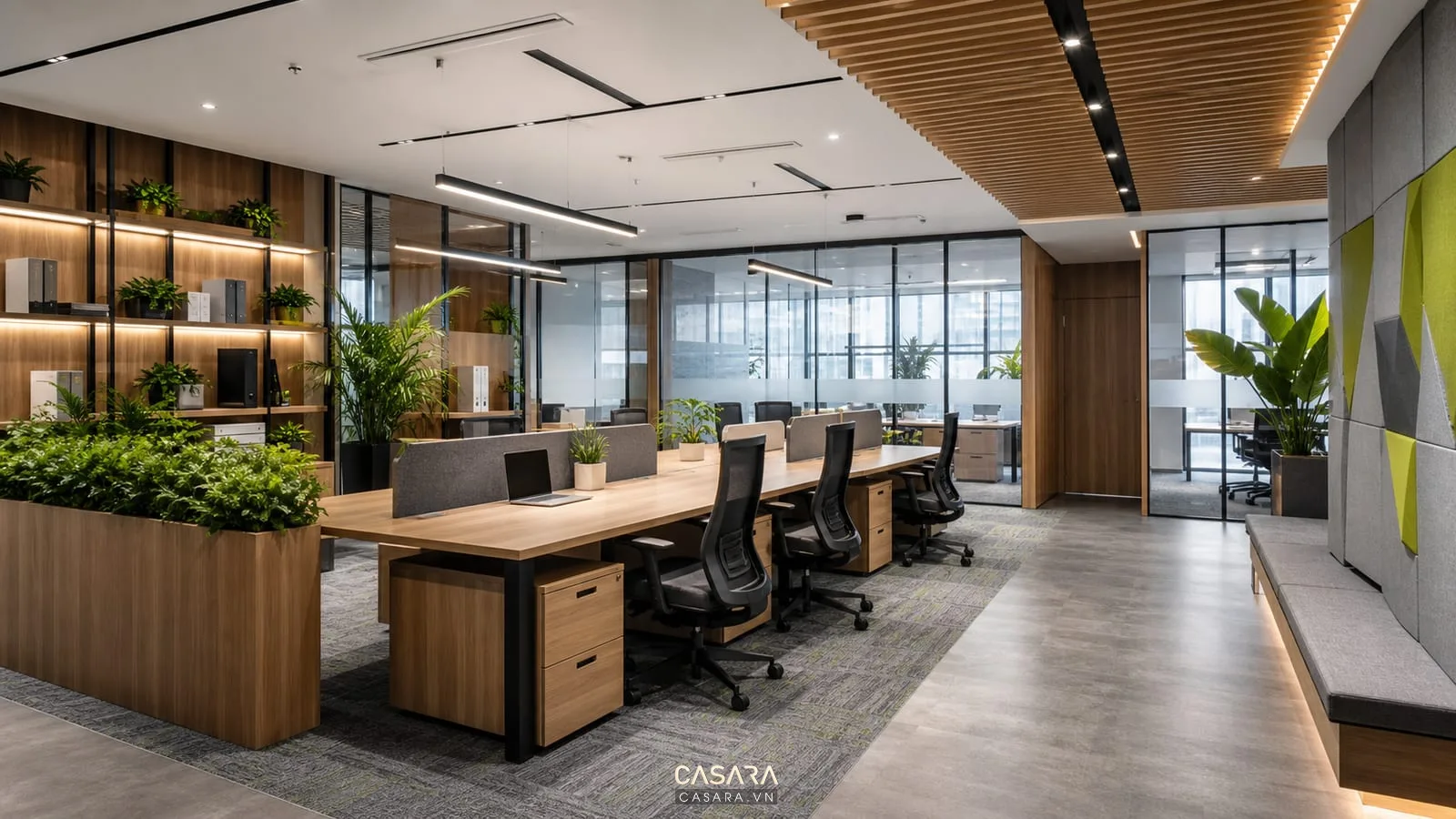 Vật liệu gỗ kính ánh sáng và cây xanh trong thiết kế văn phòng ấn tượng