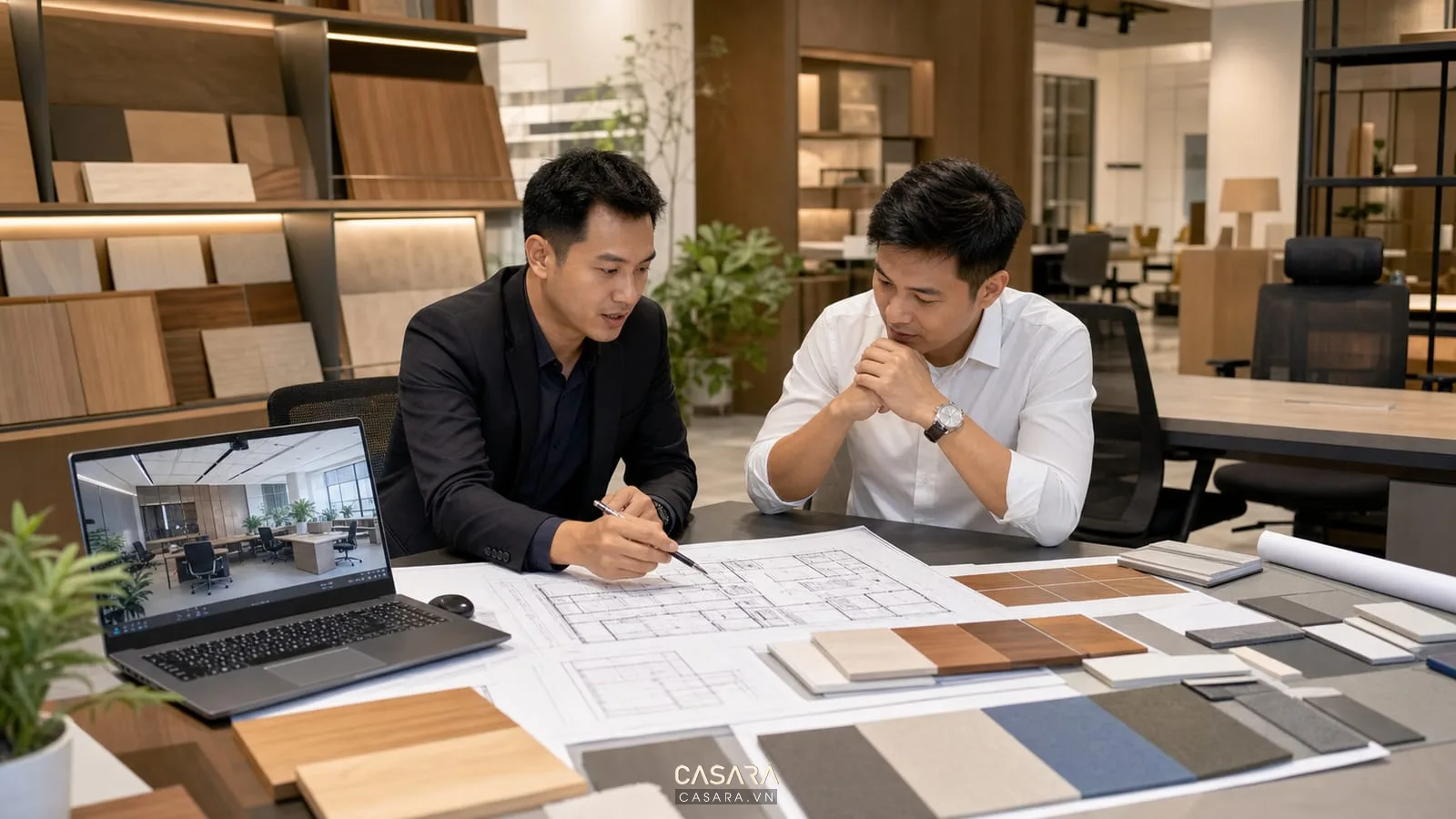 Tư vấn dự án thiết kế văn phòng với bản vẽ mặt bằng và mẫu vật liệu nội thất