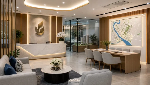 Thiết kế văn phòng bất động sản đẹp có quầy lễ tân, khu chờ, bàn tư vấn và bản đồ dự án