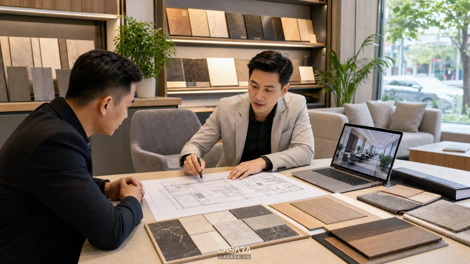 Tư vấn thiết kế văn phòng bất động sản với bản vẽ mặt bằng, mẫu vật liệu, phối cảnh 3D và hồ sơ dự án