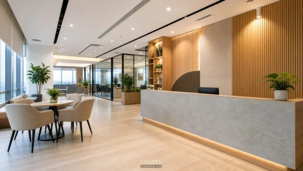 Thiết kế văn phòng Bình Dương với khu lễ tân hiện đại và logo doanh nghiệp