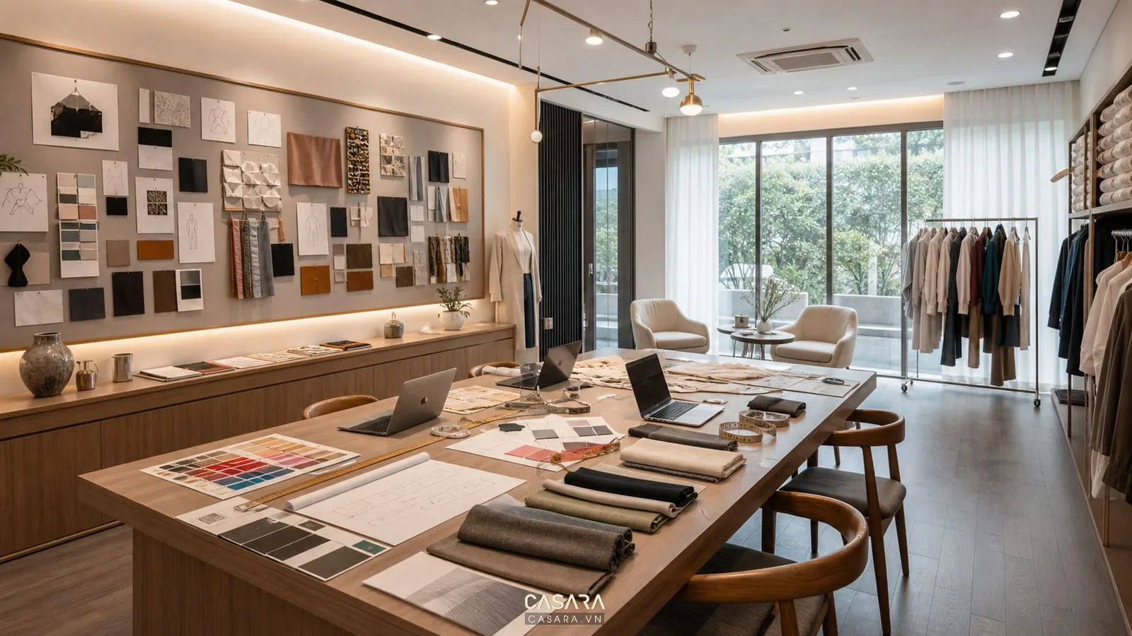 Văn phòng thiết kế quần áo với mẫu vải, moodboard và bàn làm việc lớn