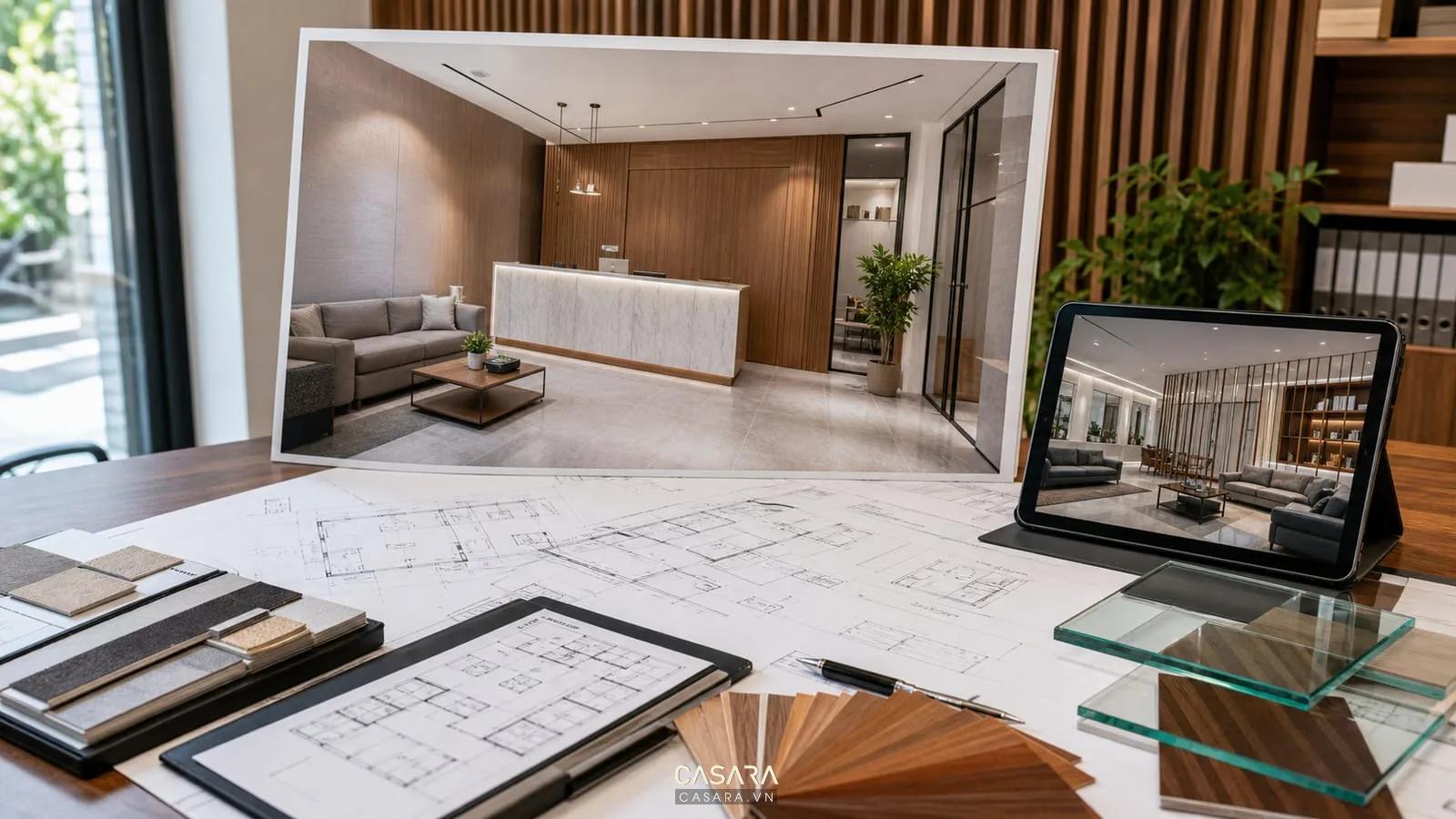 Bản vẽ mặt bằng thiết kế văn phòng công chứng với mẫu vật liệu và phối cảnh nội thất