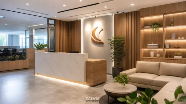 Thiết kế văn phòng công ty đẹp với khu lễ tân hiện đại và nhận diện thương hiệu rõ ràng