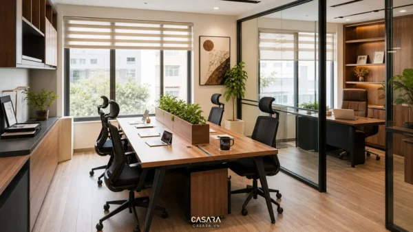 Thiết kế văn phòng công ty nhỏ đẹp với bàn nhóm và tủ tài liệu gọn