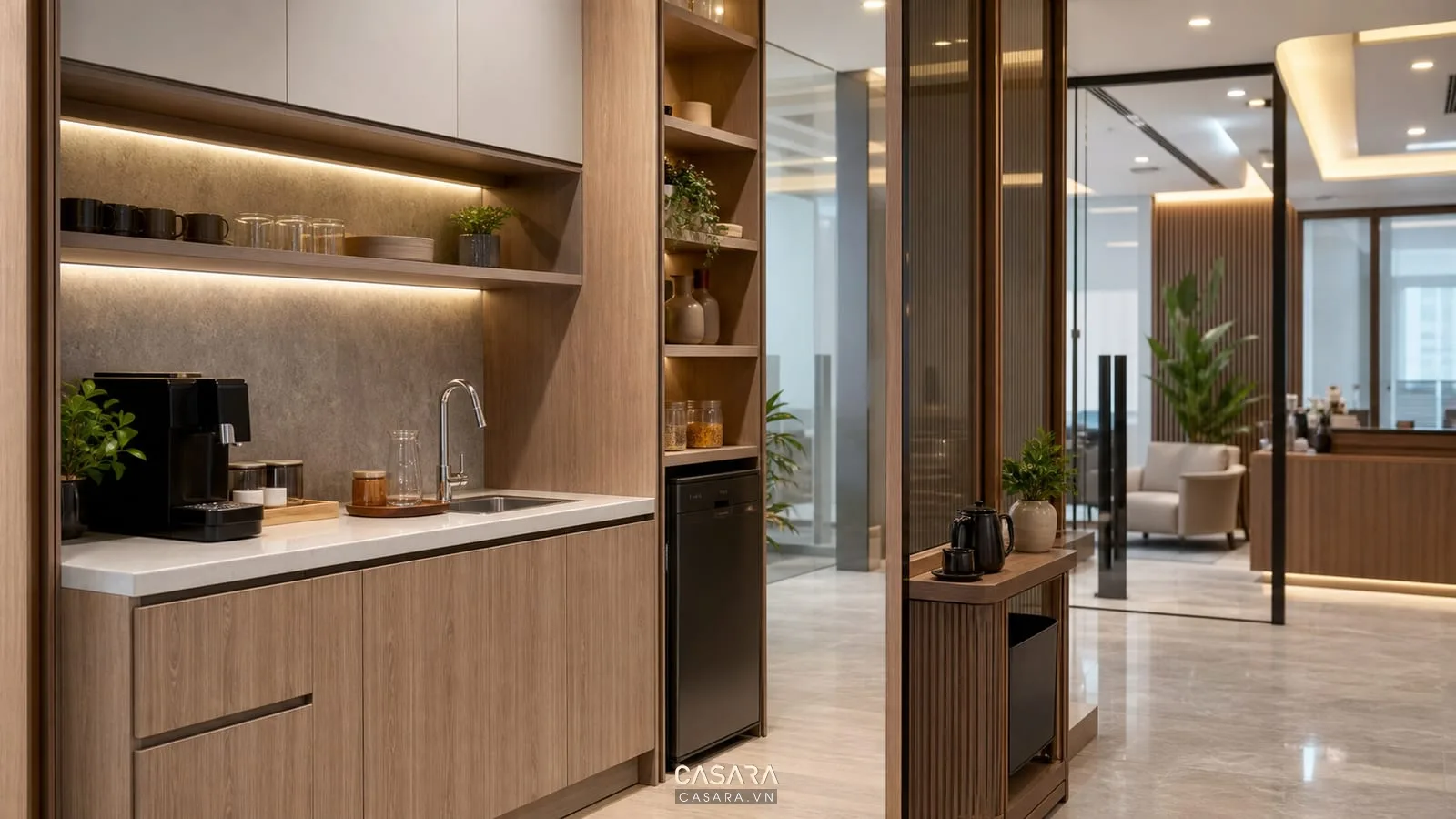 Pantry nhỏ trong văn phòng đại diện với tủ bếp compact và bàn nước