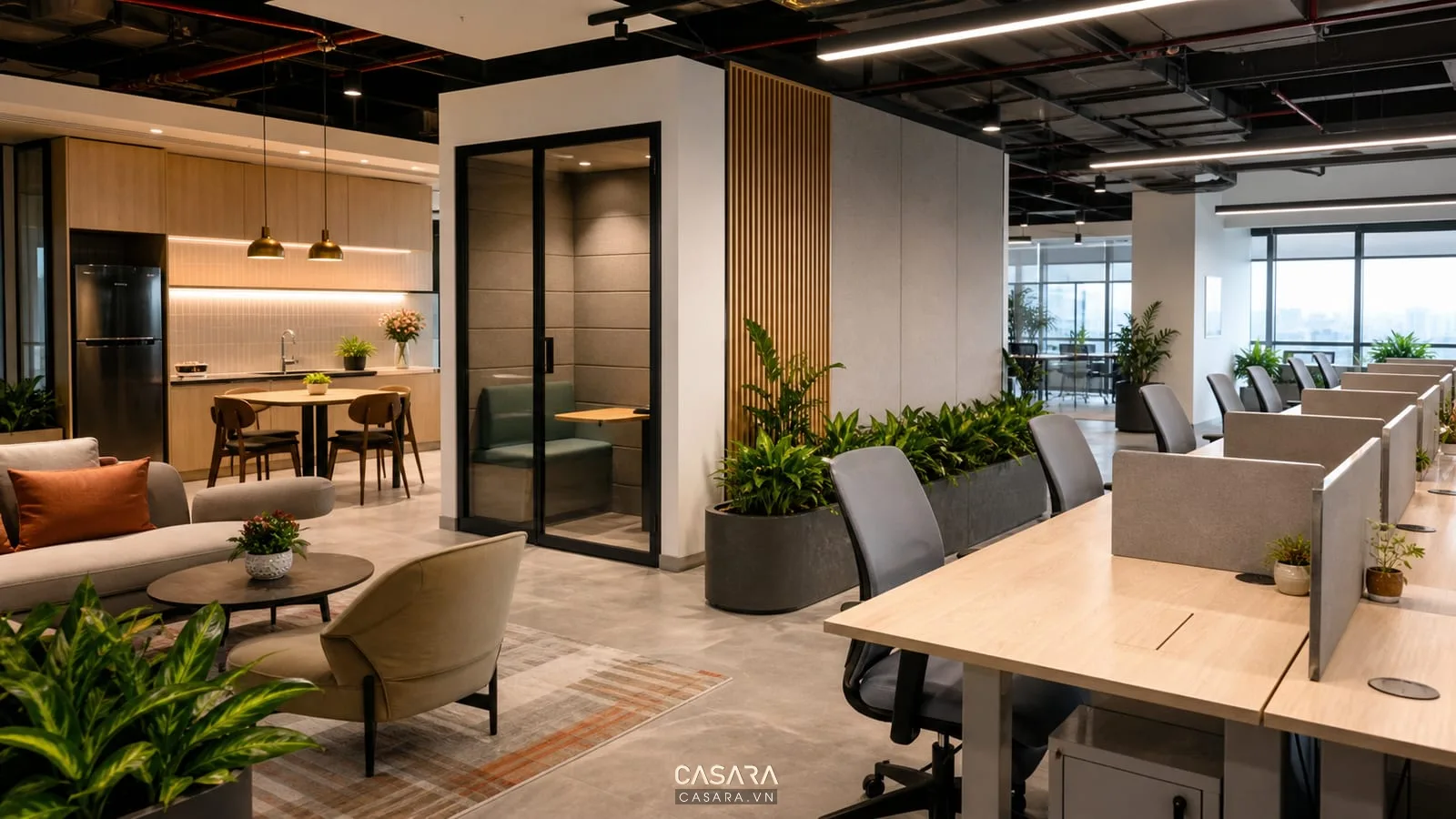 văn phòng mở hiện đại với bàn cụm booth gọi điện lounge sofa và pantry nhỏ