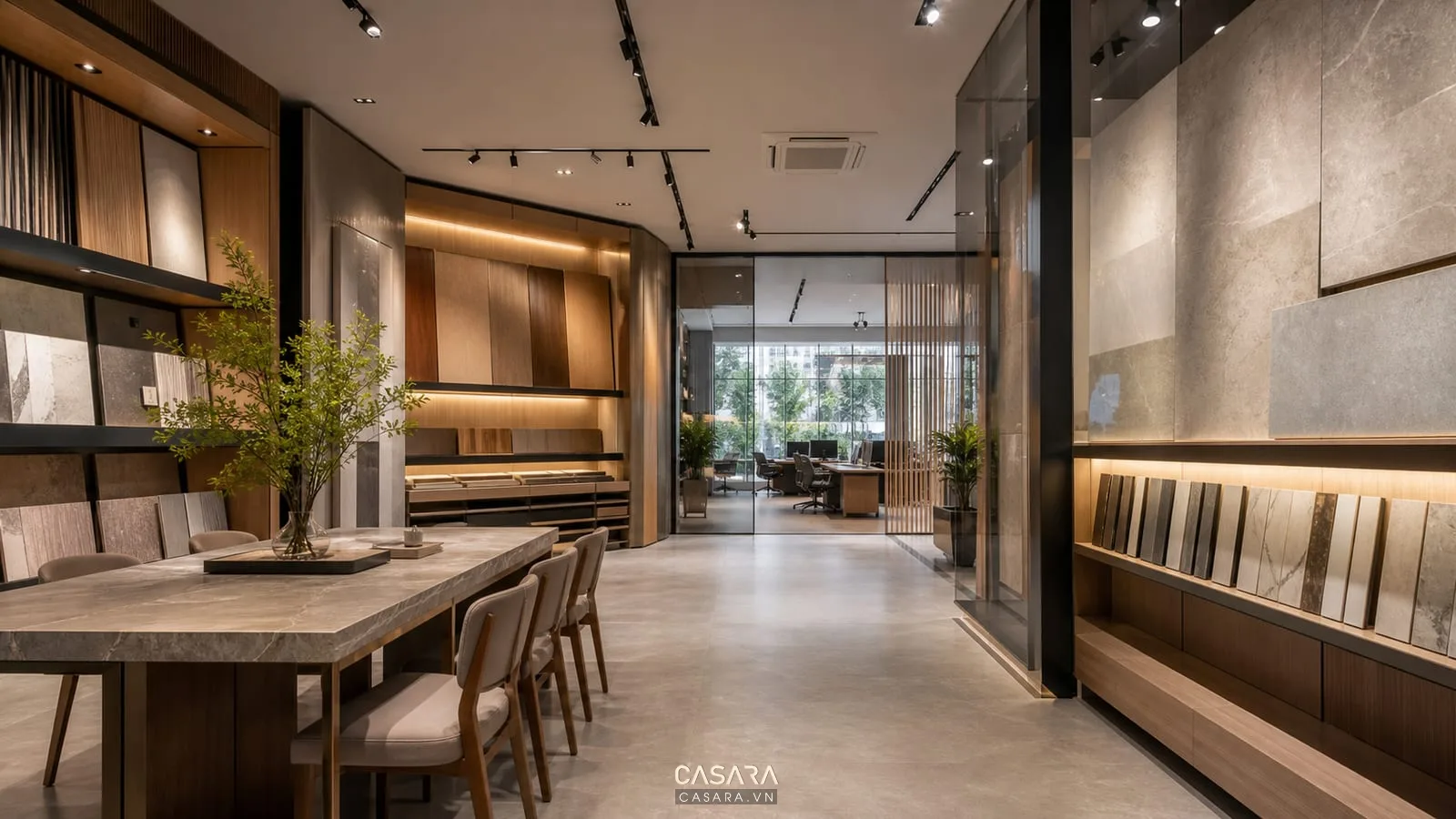thiết kế showroom văn phòng với khu trưng bày sản phẩm bàn tư vấn và khu làm việc