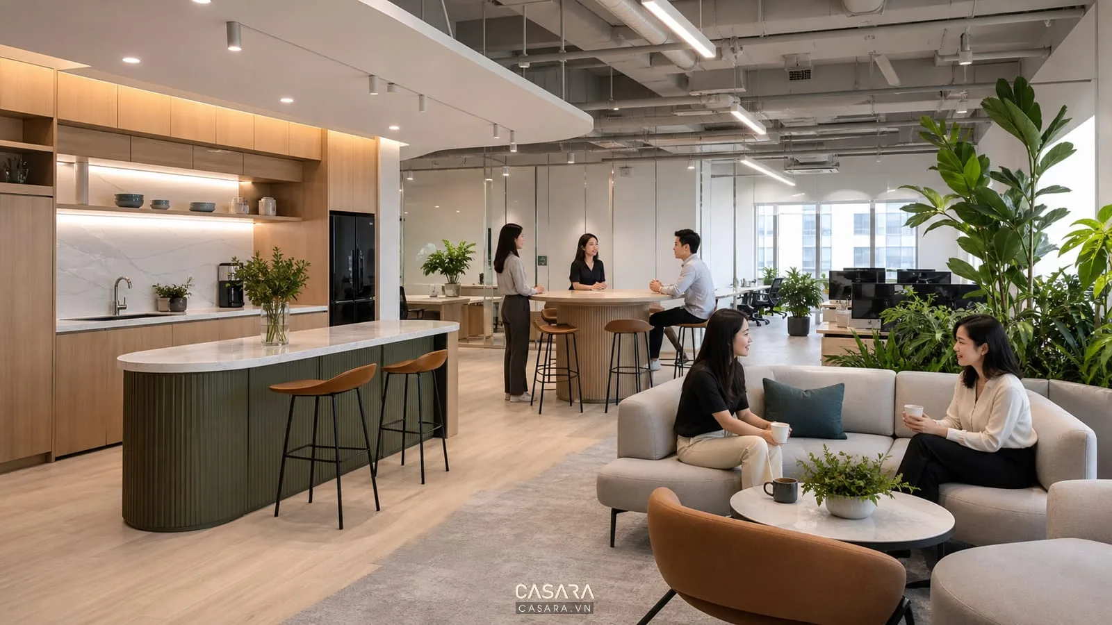Ý tưởng thiết kế văn phòng hiện đại với pantry sofa và khu trao đổi nhanh