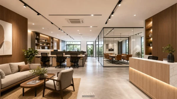 Thiết kế văn phòng diện tích 100m2 với khu làm việc mở và phòng họp kính