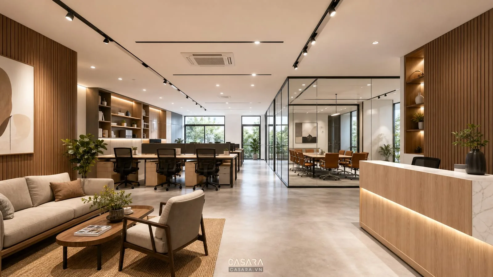 Thiết kế văn phòng diện tích 100m2 với khu làm việc mở và phòng họp kính