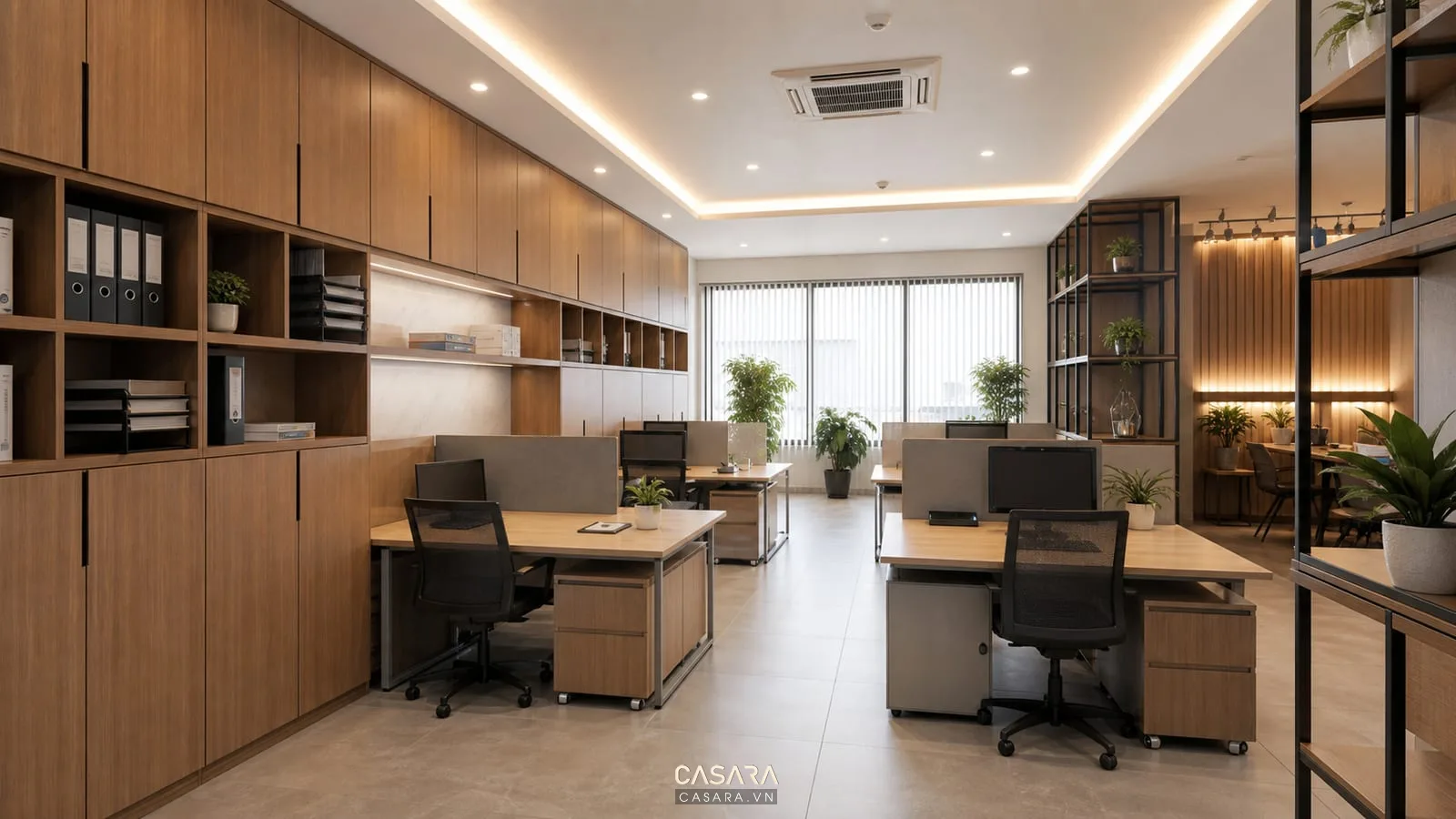 Văn phòng thiết kế kiến trúc với tủ lưu trữ và lối đi gọn gàng