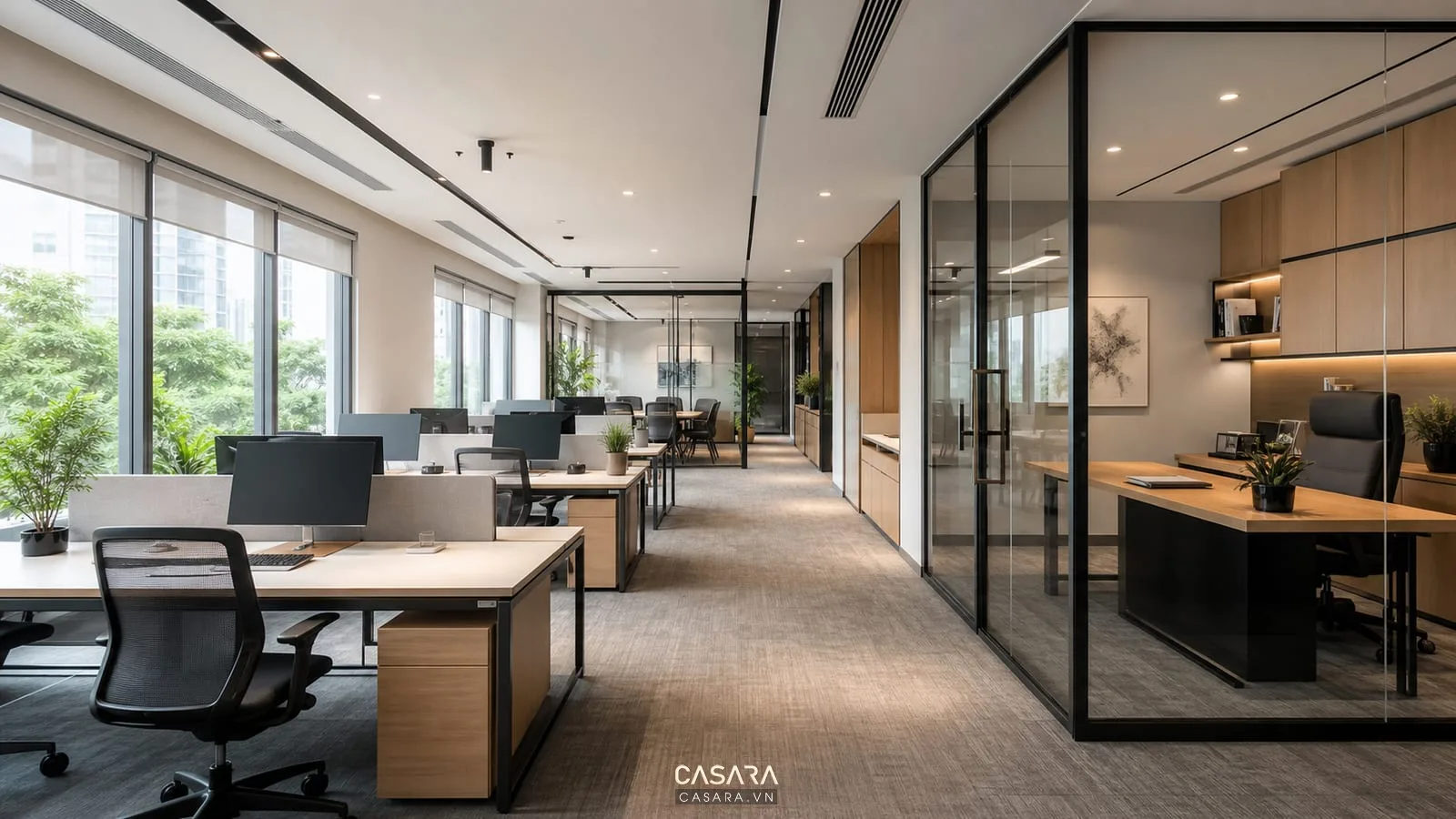 Thiết kế văn phòng diện tích 100m2 với phòng họp kính và khu làm việc mở