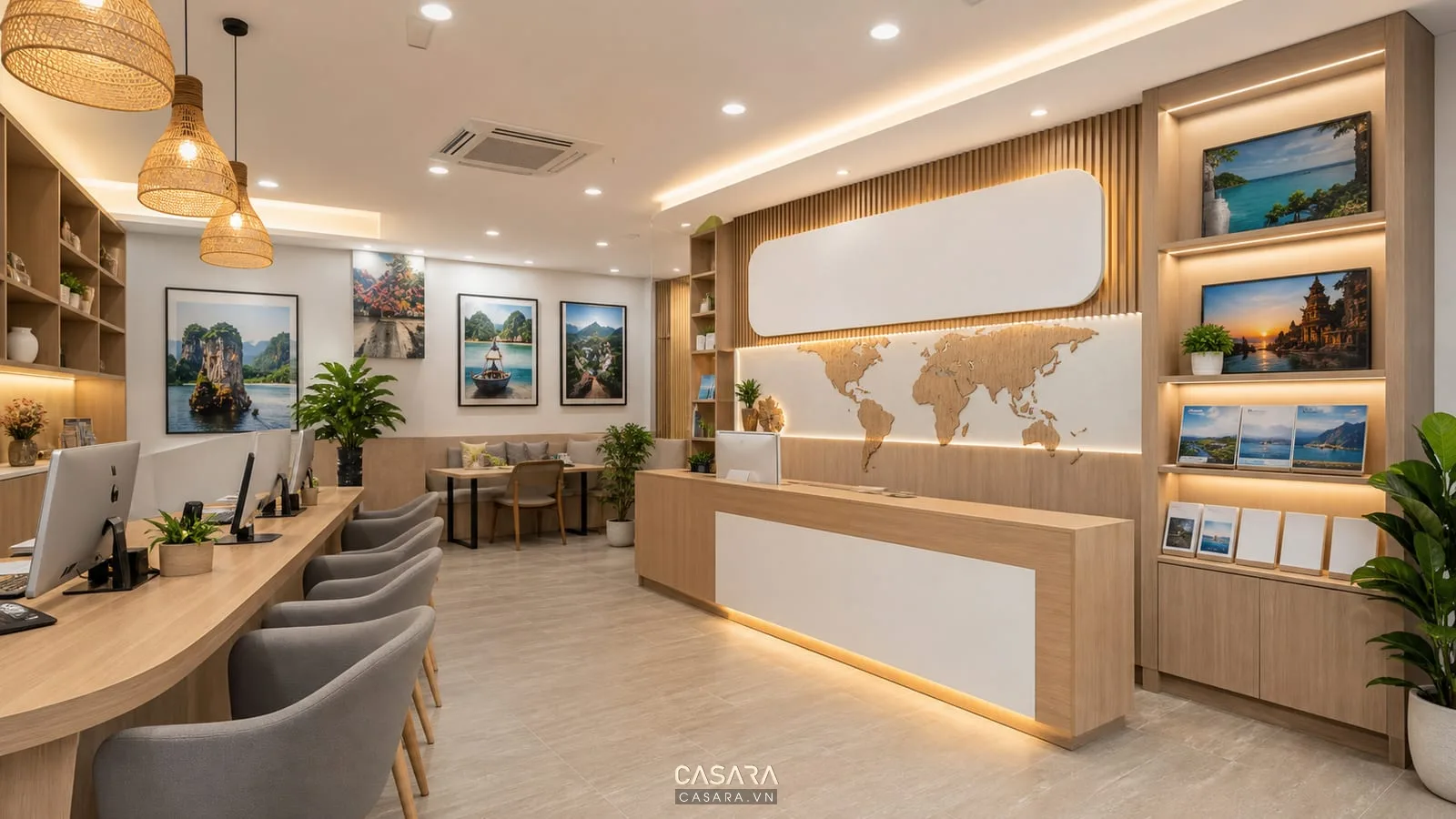 mảng nhận diện thương hiệu trong thiết kế văn phòng du lịch với bản đồ và kệ brochure