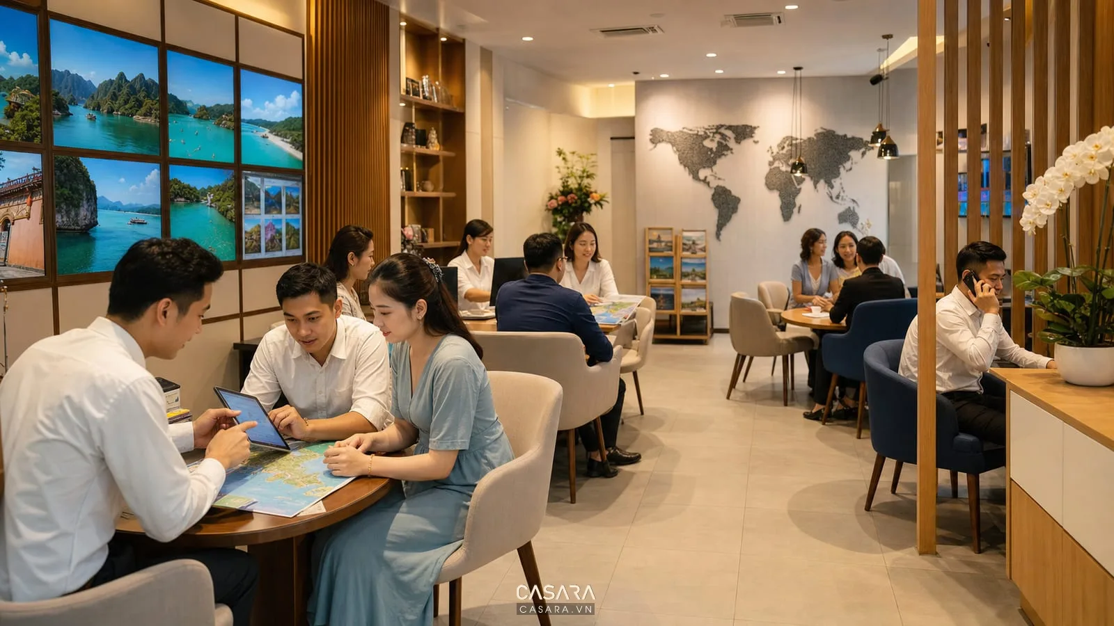 thiết kế văn phòng du lịch linh hoạt với bàn họp nhỏ và khu tư vấn khách hàng