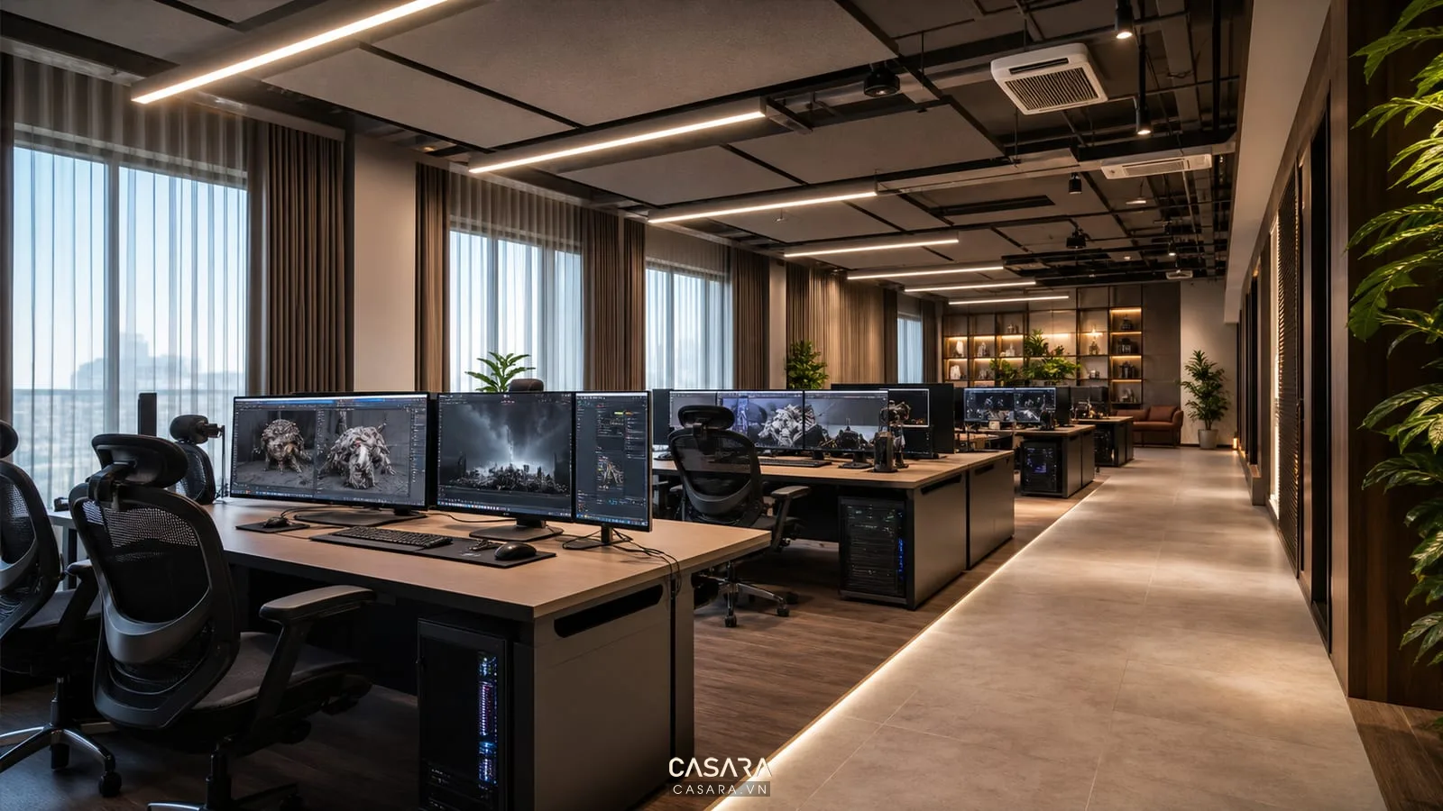 Khu làm việc văn phòng game có tiêu âm và ánh sáng chống chói