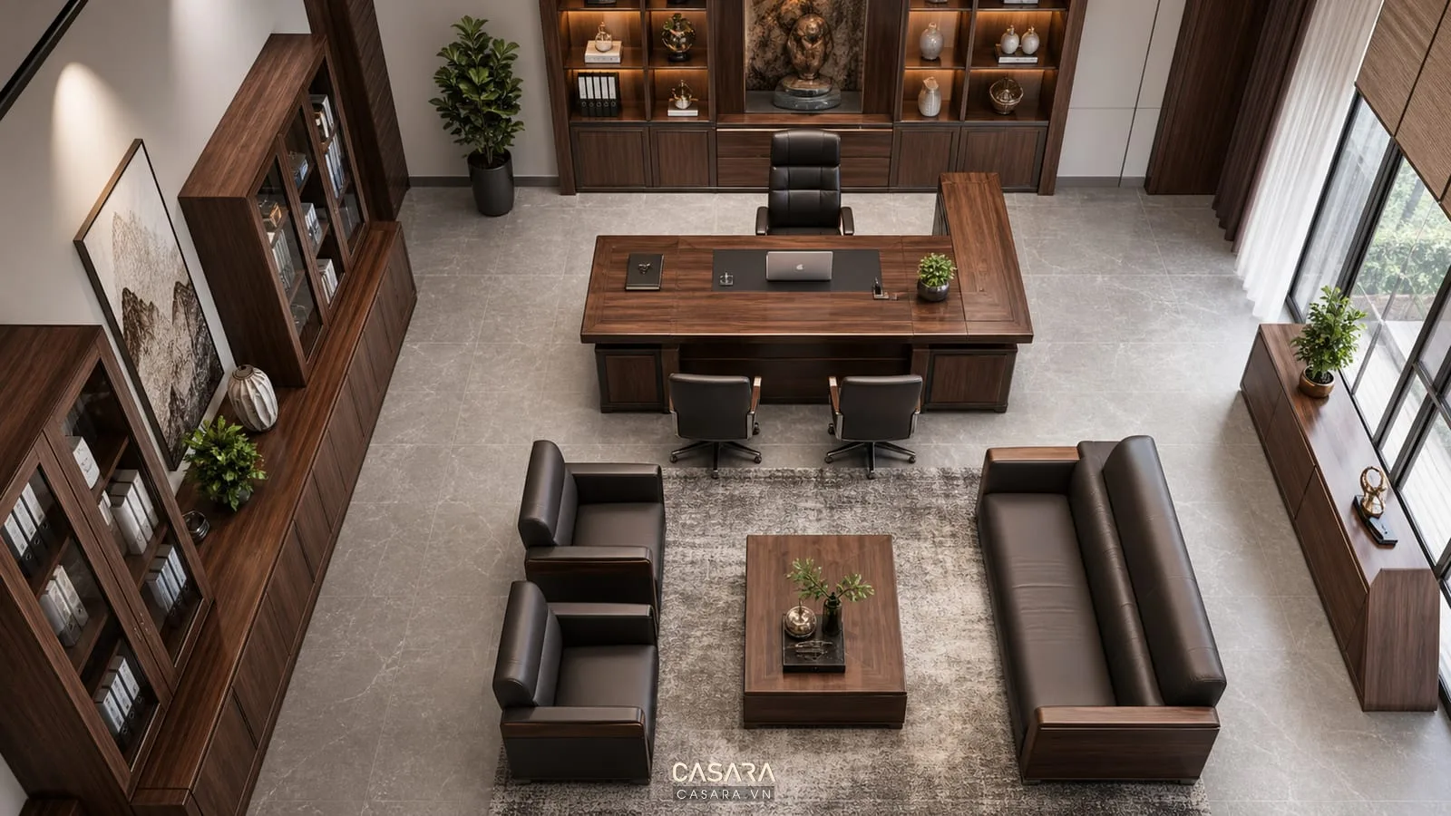 Mặt bằng thiết kế văn phòng giám đốc có bàn làm việc, sofa tiếp khách, tủ tài liệu và lối đi