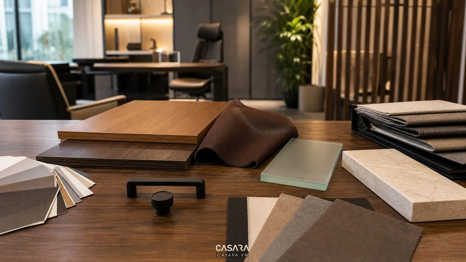 Mẫu vật liệu thiết kế văn phòng giám đốc với gỗ, da, kính mờ, kim loại và đá sáng