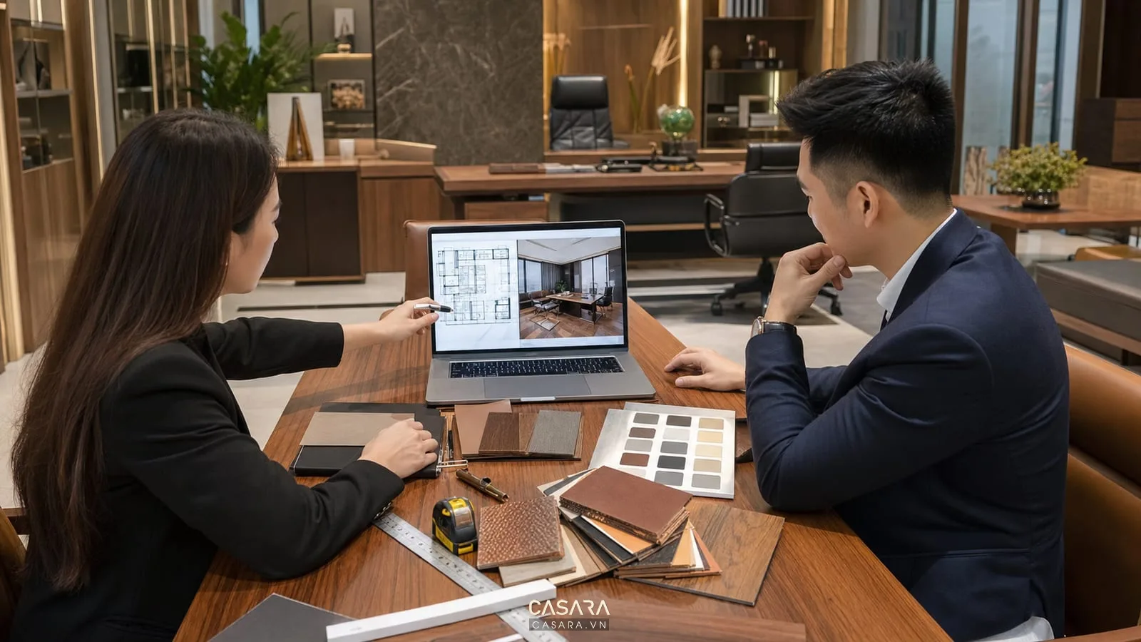 Tư vấn thiết kế văn phòng giám đốc với mặt bằng, phối cảnh 3D, mẫu gỗ, mẫu da và bảng màu