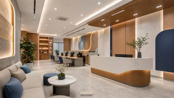 Thiết kế văn phòng giao dịch hiện đại với quầy lễ tân và khu chờ khách