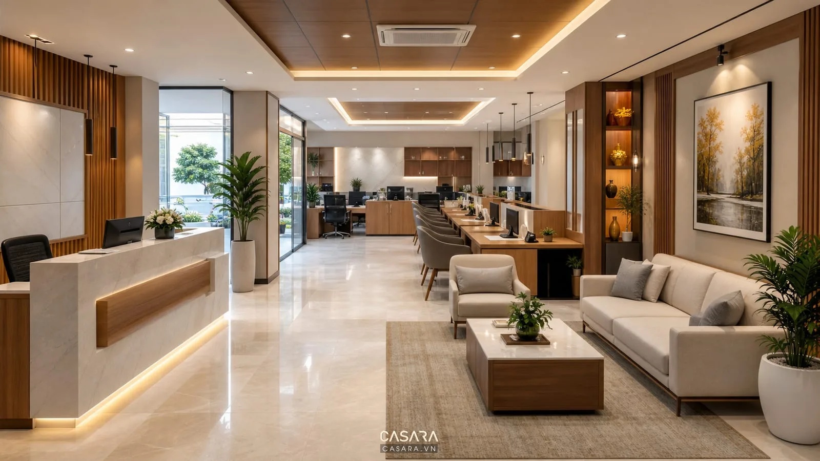 Layout thiết kế văn phòng giao dịch có khu chờ, bàn tư vấn và khu nội bộ