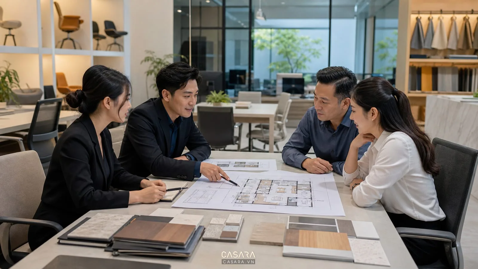 Tư vấn layout thiết kế văn phòng giao dịch với bản vẽ mặt bằng và vật liệu nội thất