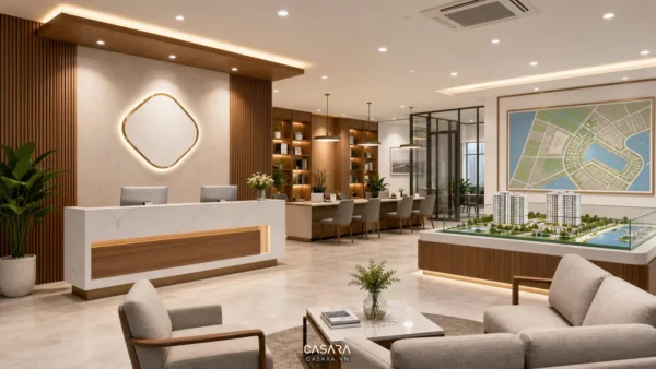 Quầy lễ tân văn phòng giao dịch bất động sản có khu chờ và bàn tư vấn