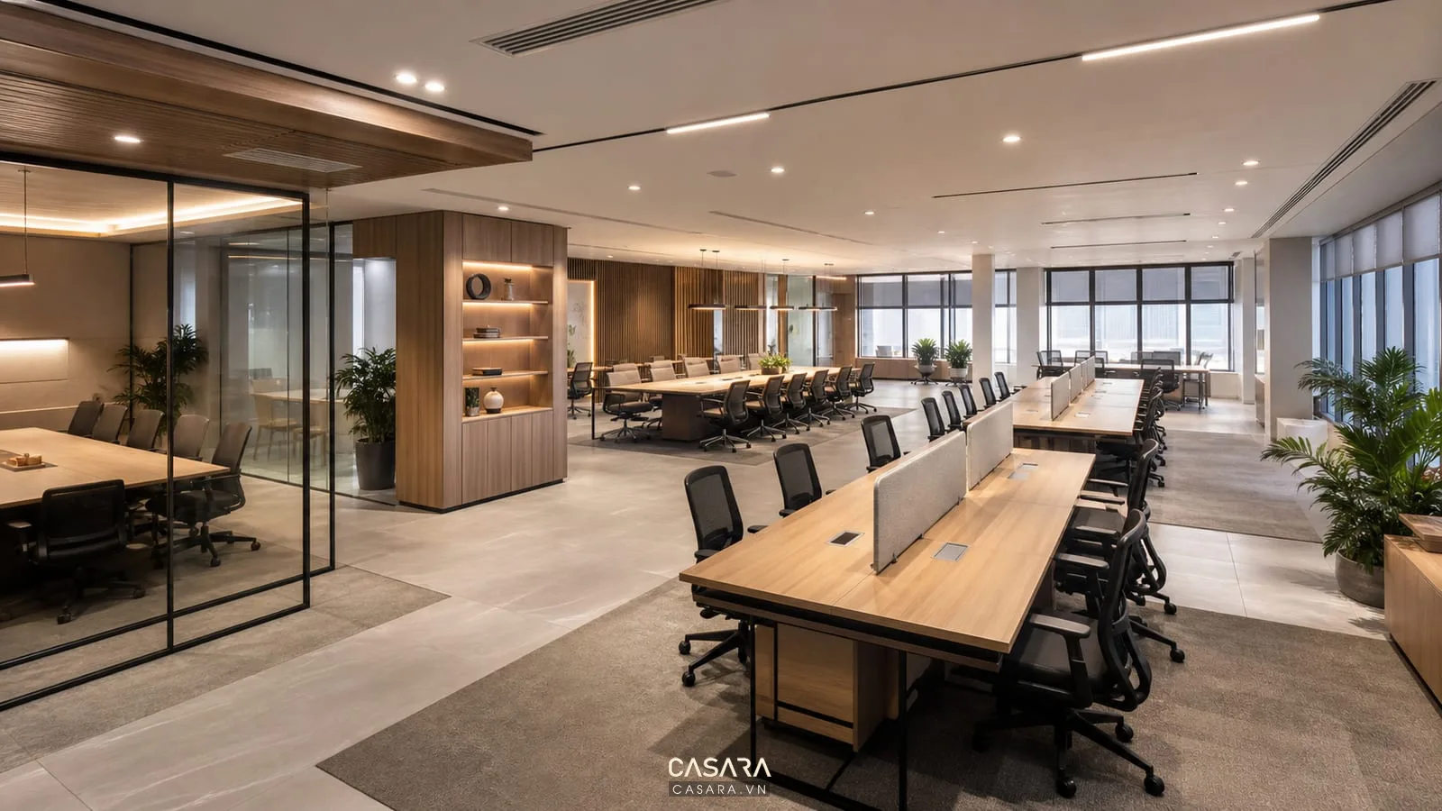 Thiết kế nội thất văn phòng 300m2 với khu làm việc mở và phòng họp kính