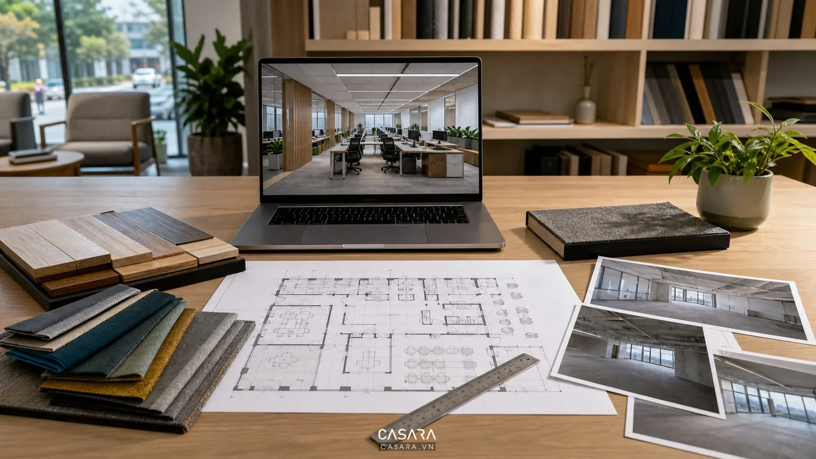 bản vẽ thiết kế văn phòng Hải Phòng với mặt bằng, phối cảnh, mẫu vật liệu và ảnh hiện trạng