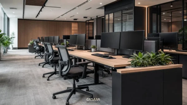 Thiết kế văn phòng IT hiện đại với bàn máy tính và hệ dây điện gọn gàng
