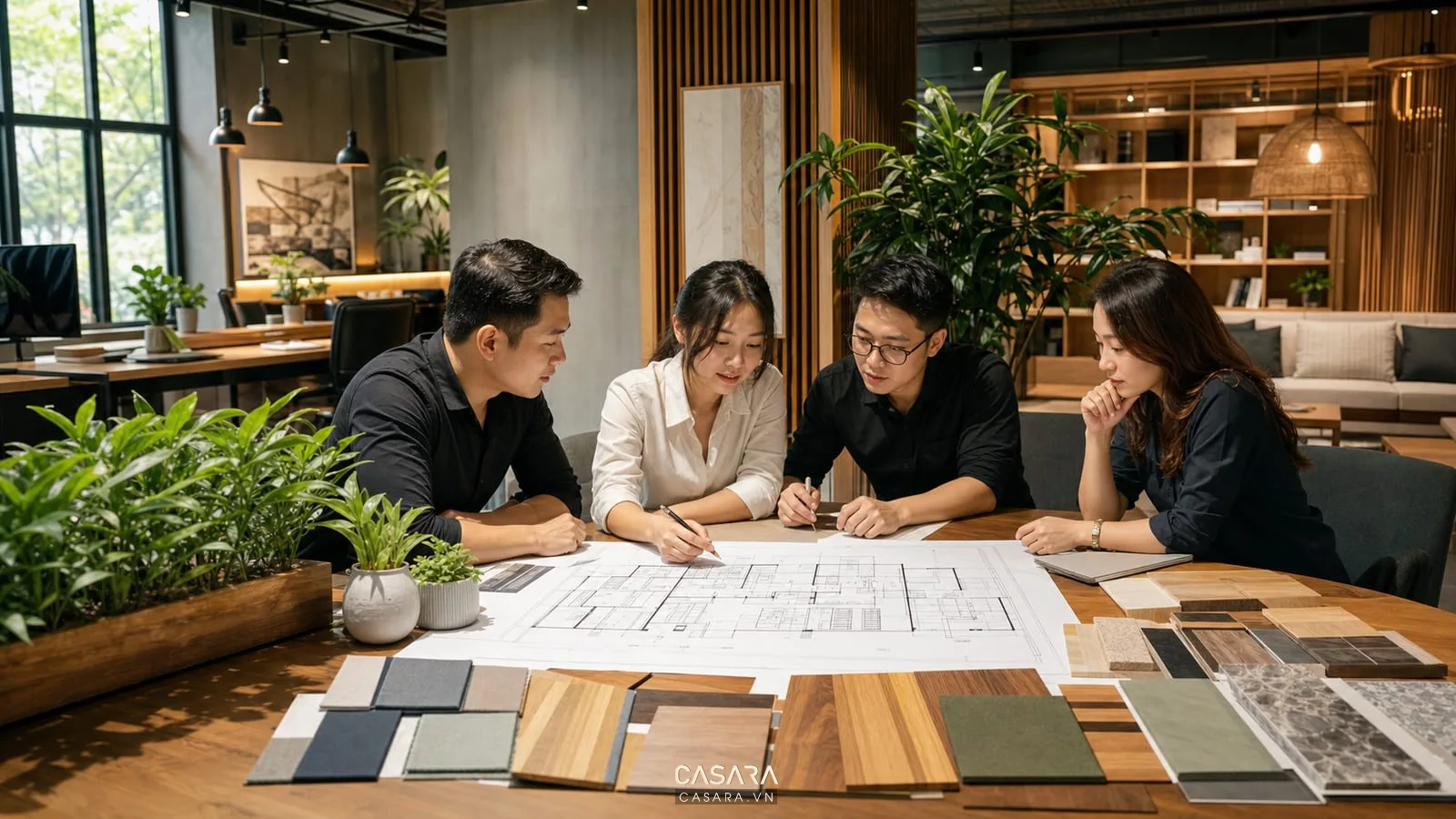 tư vấn thiết kế văn phòng không gian xanh với bản vẽ và mẫu vật liệu