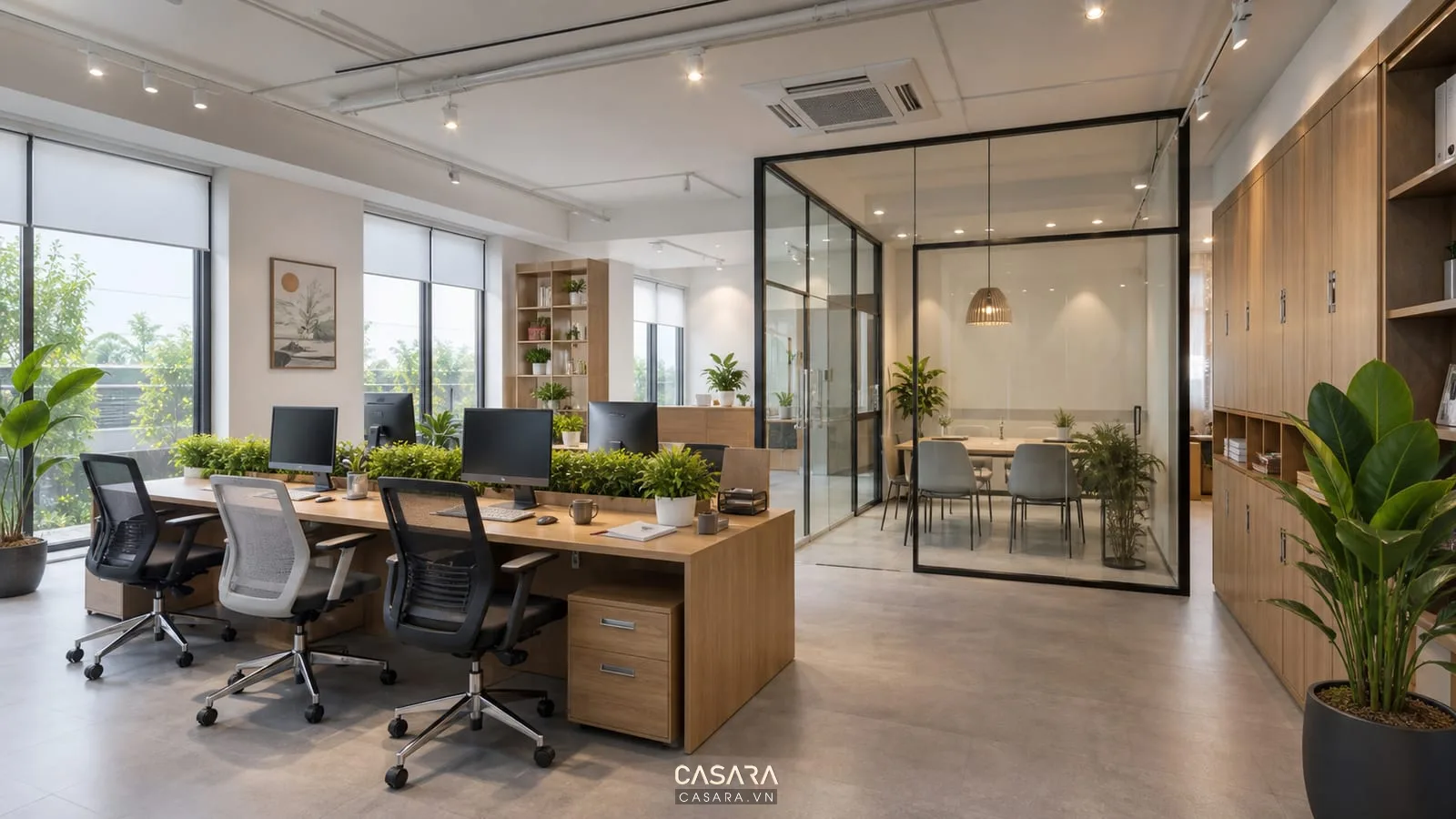 Thiết kế văn phòng làm việc 50m2 có phòng họp kính và bàn nhóm